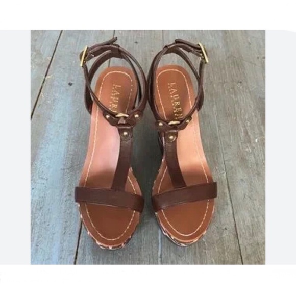 Ralph Lauren Brown Leather Sandals with Wedge Heel Women’s Size 5 - Picture 1 of 9